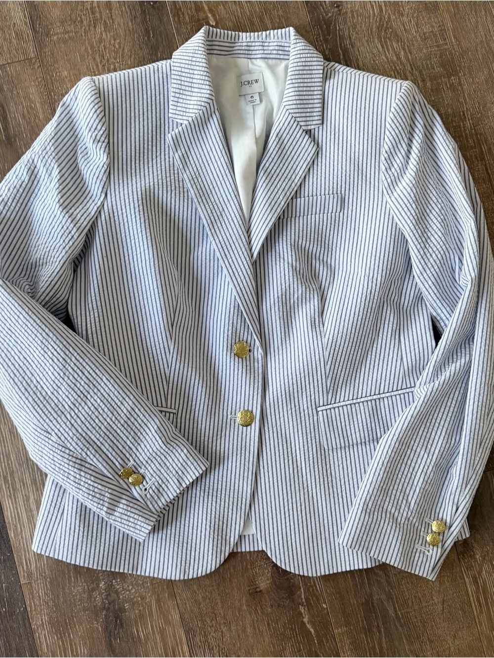 J. Crew White and Blue Pinstripe Tailored Blazer with Gold Buttons